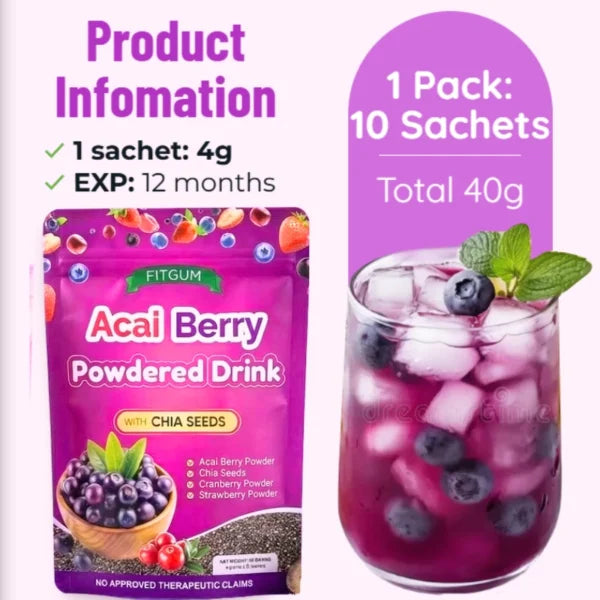 FITGUM Acai Berry Juice 8In1 Supermix Extra Chia Seeds 10x Sachets