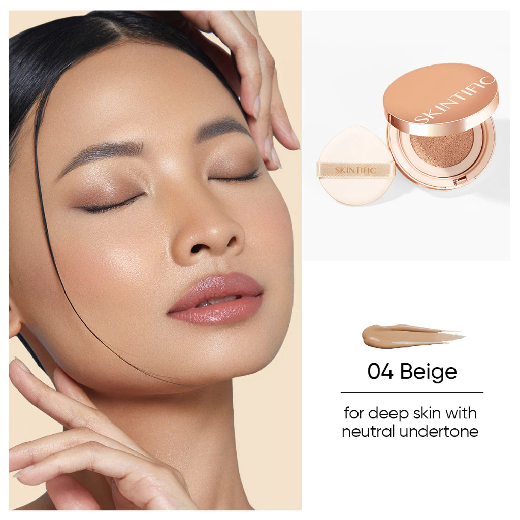 SKINTIFIC Cover All Perfect Cushion Powder Foundation Concealer Oil Control 12H Long Lasting-(04 BEIGE)