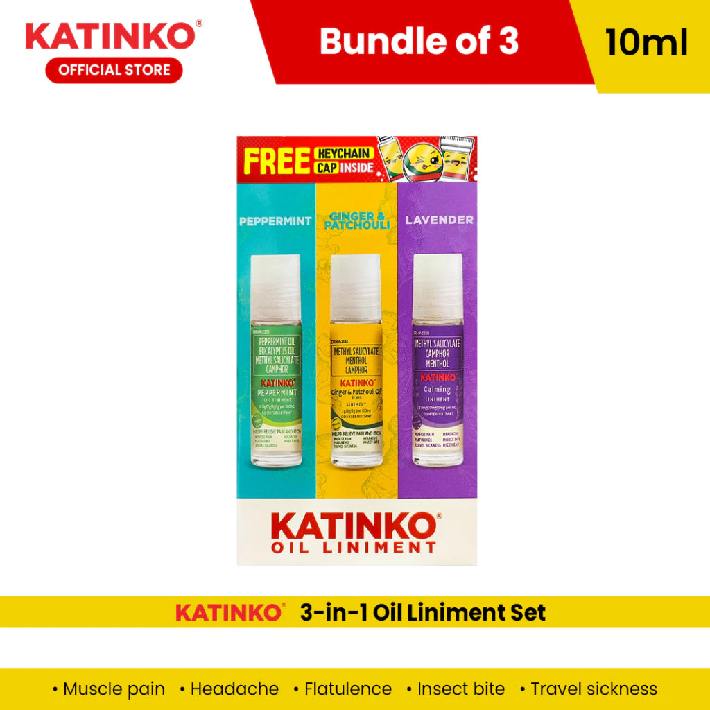 Katinko 3-in-1 Oil Liniment Set - Lavender, Peppermint and Ginger 10ml with Keychain