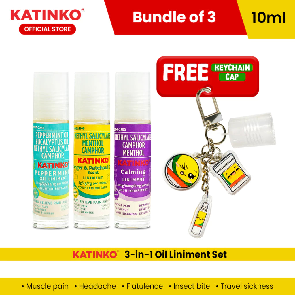 Katinko 3-in-1 Oil Liniment Set - Lavender, Peppermint and Ginger 10ml with Keychain